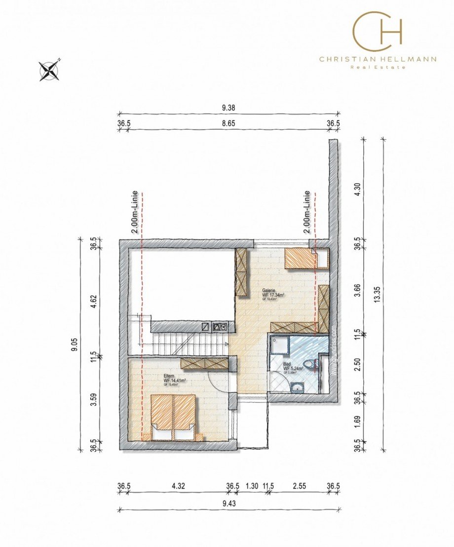 Grundriss OG Reihenendhaus D�sseldorf
