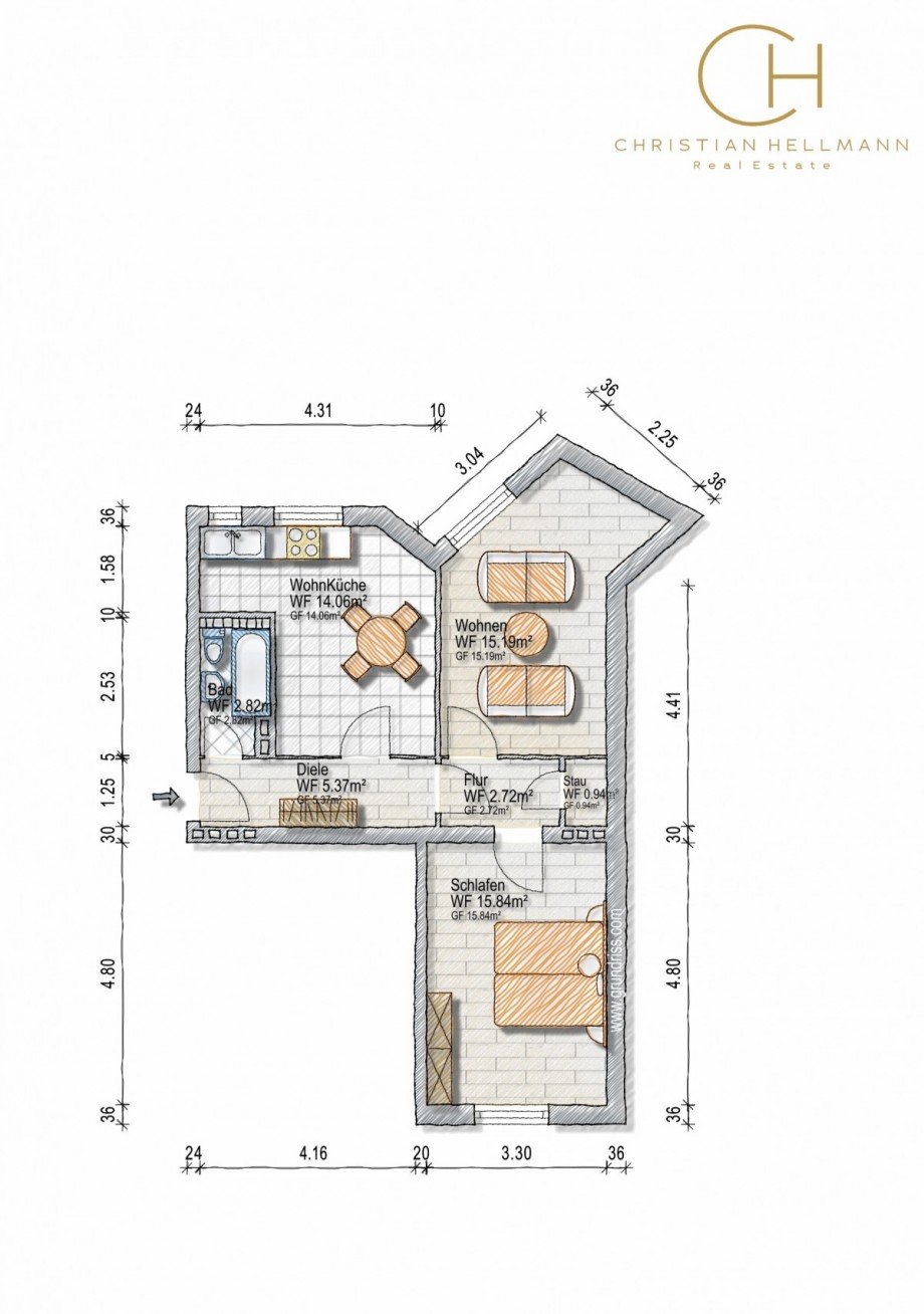 Grundriss bema�t aktuell Etagenwohnung D�sseldorf
