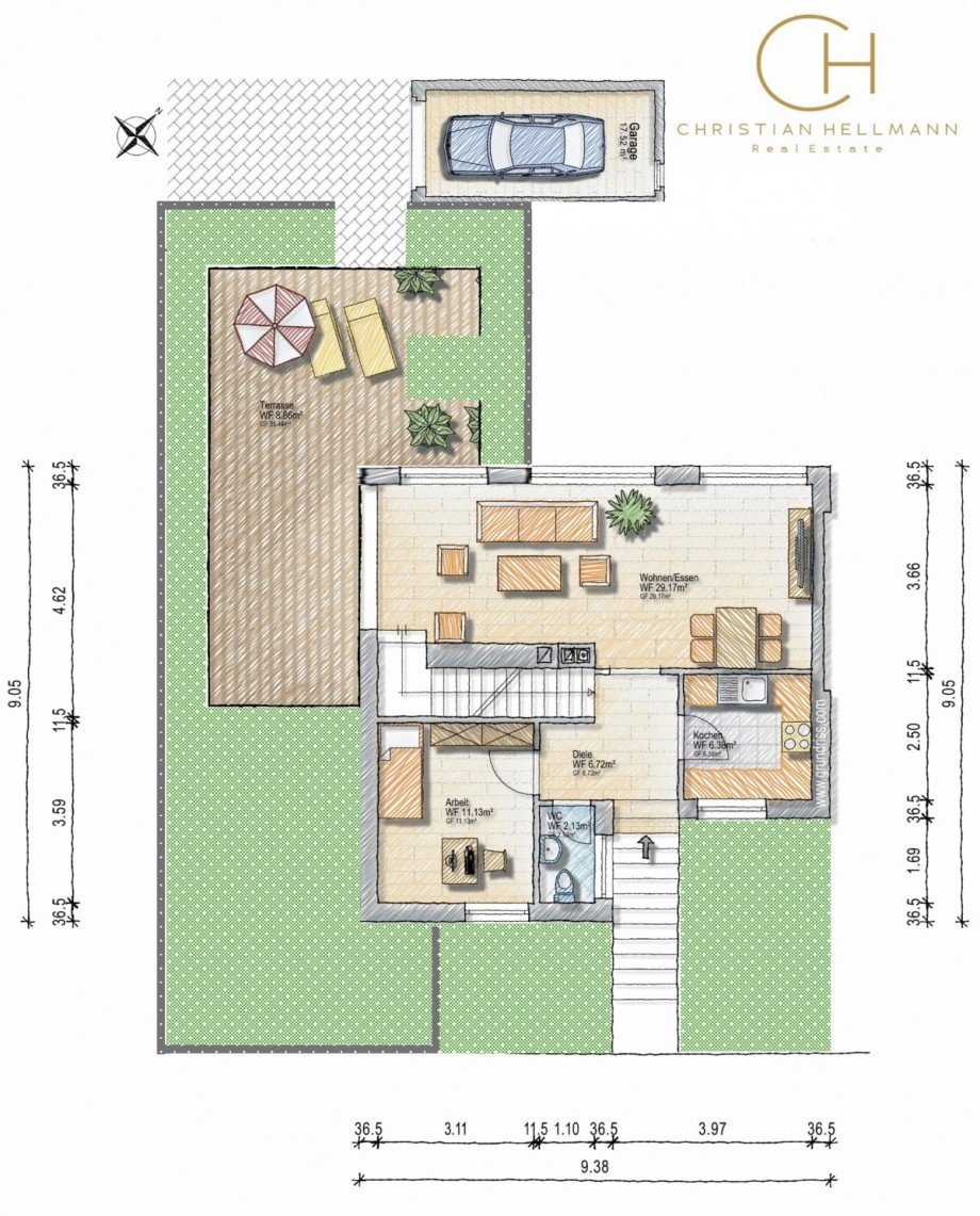 Grundriss EG Reihenendhaus D�sseldorf