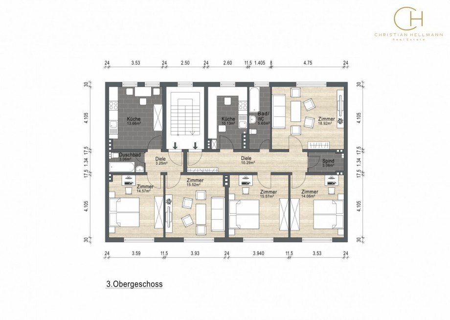 Grundriss bema�t 3.OG Wohn- / Gesch�ftshaus Aachen