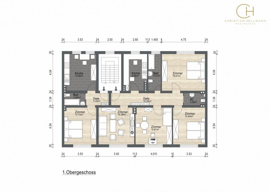 Grundriss bema�t 1.OG Wohn- / Gesch�ftshaus Aachen